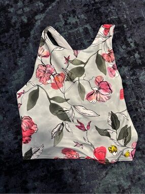 Athleta Floral Scoop-Back Tank Top in Light Gray with Pink Accents
